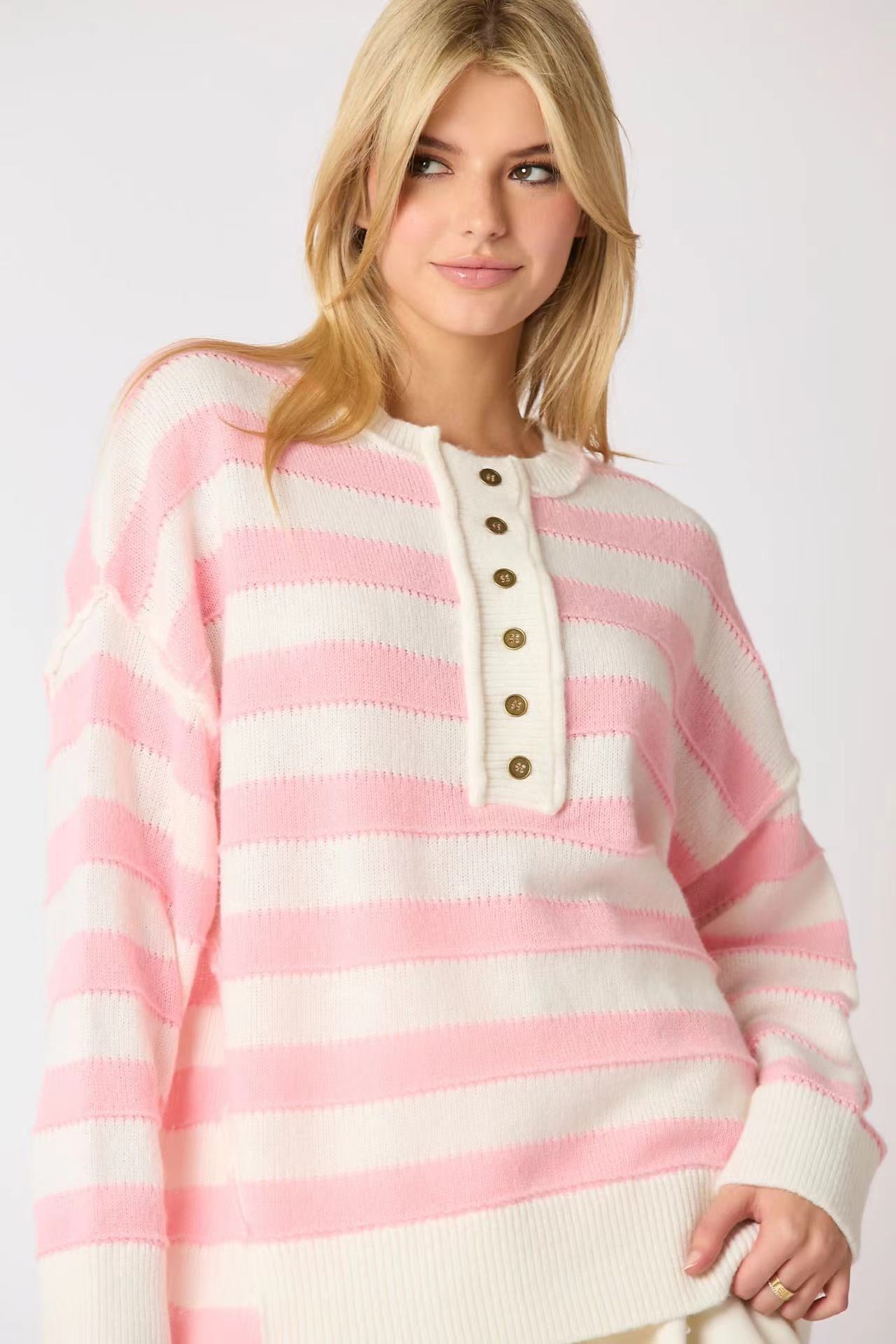 Autumn Winter Color Matching Loose Casual Knitted Sweater Long Sleeve Striped Top Women Pink