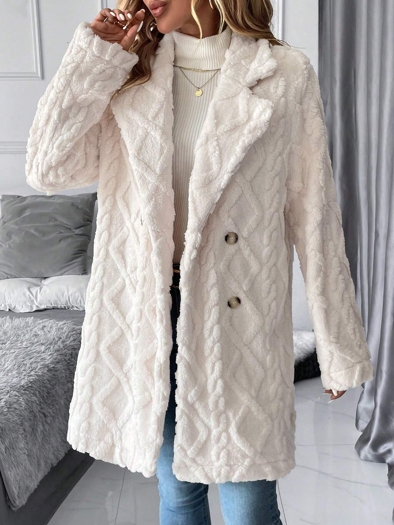 Fall Winter Double Sided Plush Mid Length Double Breasted Casual Coat for Women Ivory