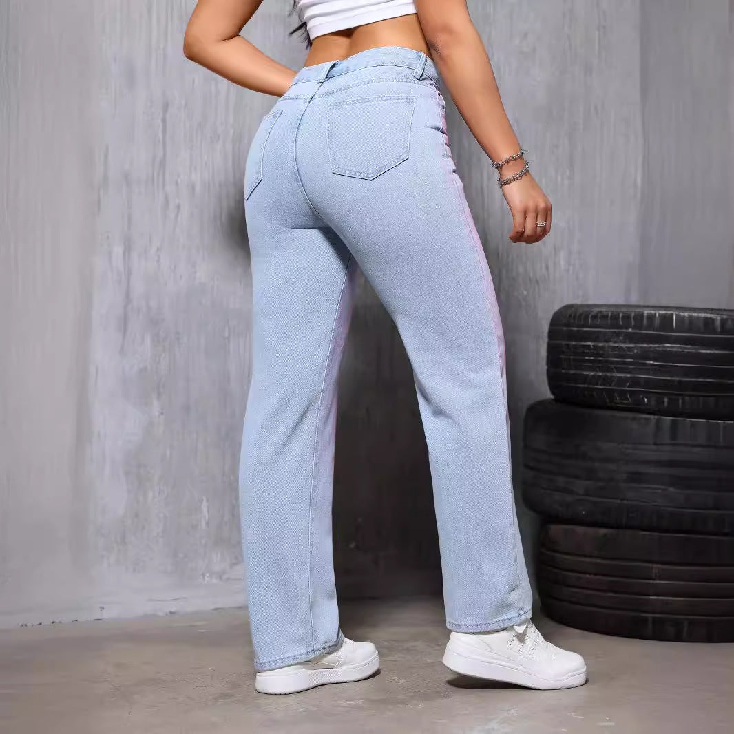 Women High Waist Dyed Straight Jeans Small Loose Slimming All Matching Casual Pants