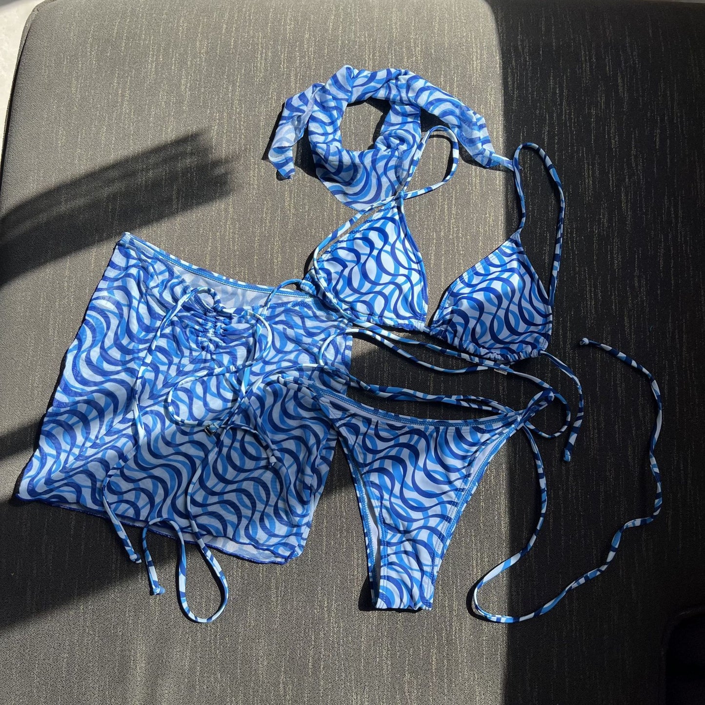 Three Piece Set Swimsuit Bikini Strap Blue