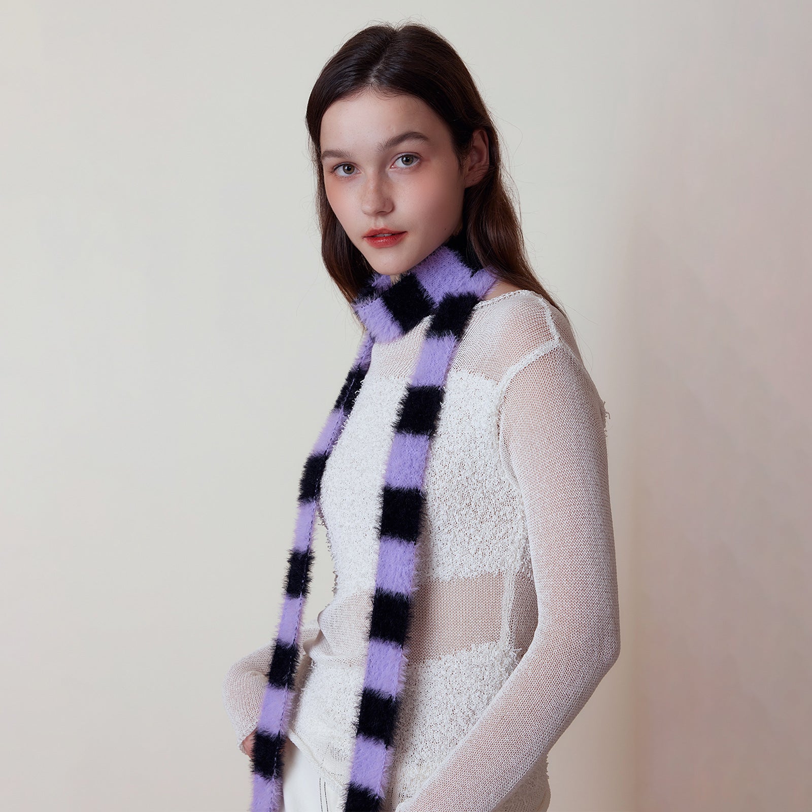 Thin Narrow Long Concave Shape Sausage Knitted Scarf Women Simple Wear Imitation Marten Striped Millennium Sexy Scarf