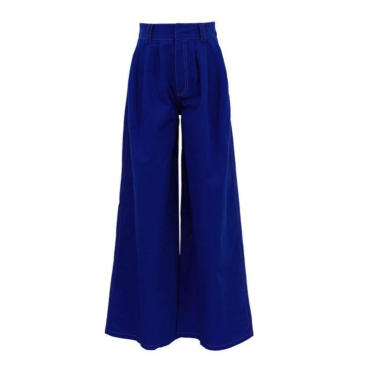 Street Double Pocket Blue Trousers Women Loose Straight Wide Leg Pants Blue