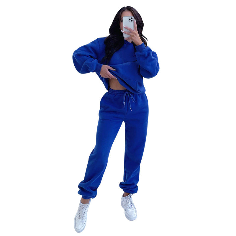 Autumn Winter Solid Color Long Sleeve Hooded Fleece Lined Sweater Women Casual Trousers sets Blue