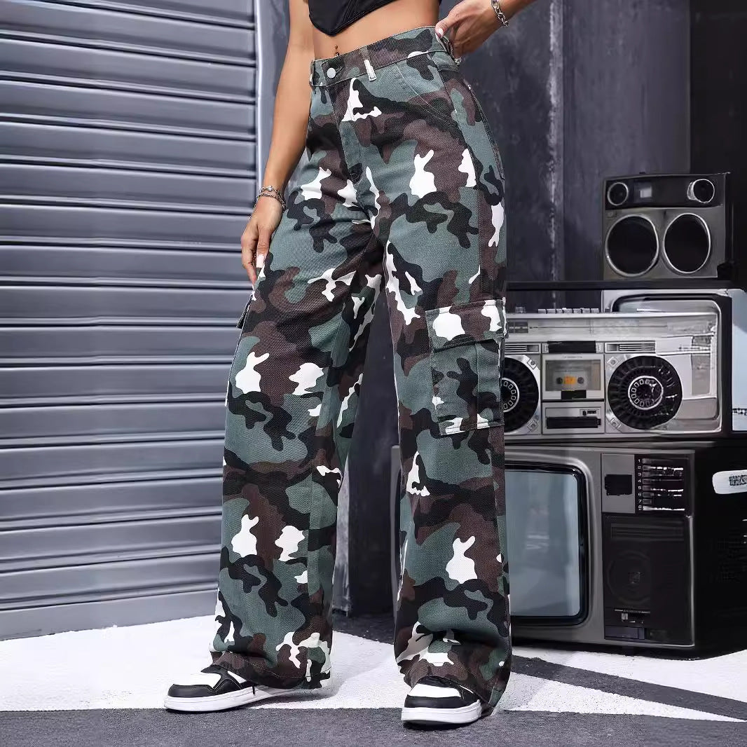 Retro Camouflage Workwear Jeans Women Summer Fried Street Sweet Cool Loose Straight Drooping Wide Leg Casual Pants