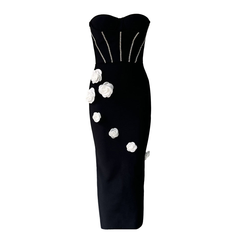 Women Clothes Sexy Diamond Tube Top Bandage Dress Three Dimensional Floral Design Dress Dress Black