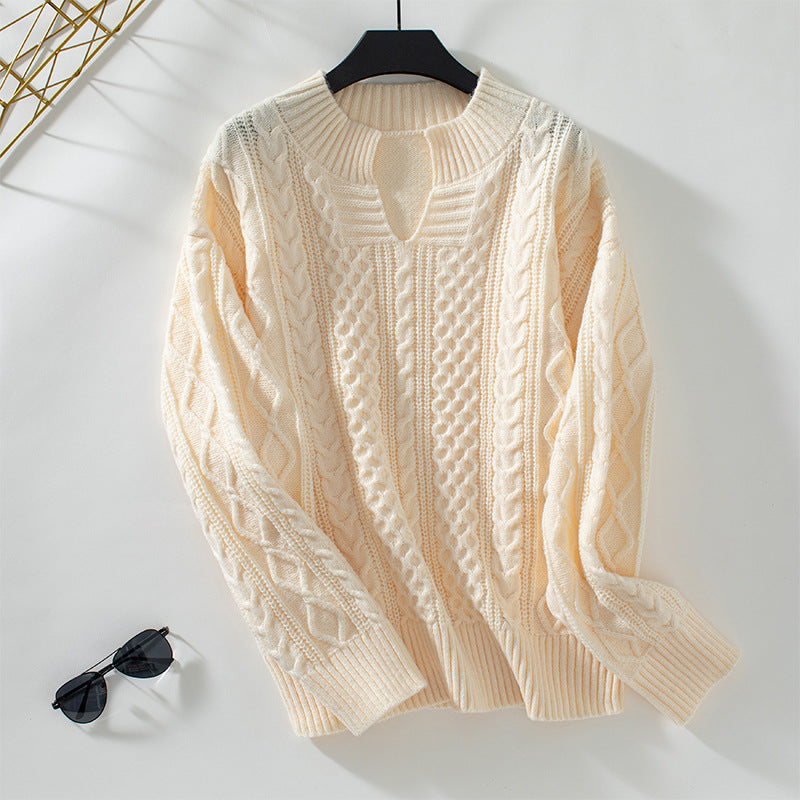 Solid Color Twisted Pullover Cardigan Collar Sweater Women Autumn Winter Retro Loose Long Sleeve Sweater Apricot