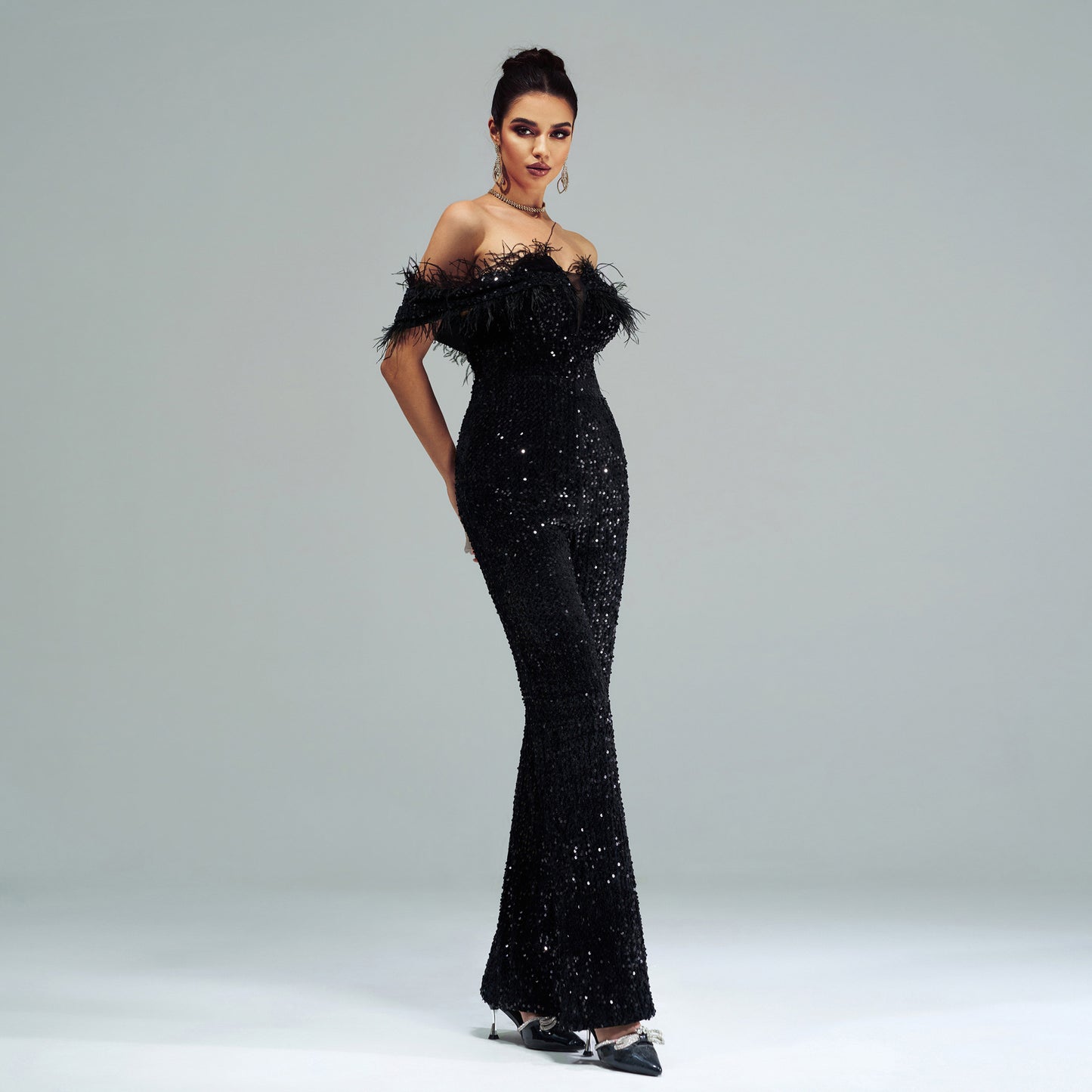 Women Clothing High End Sexy Long off Neck Sequined Cocktail Jumpsuit Evening Dress Bridesmaid Dress