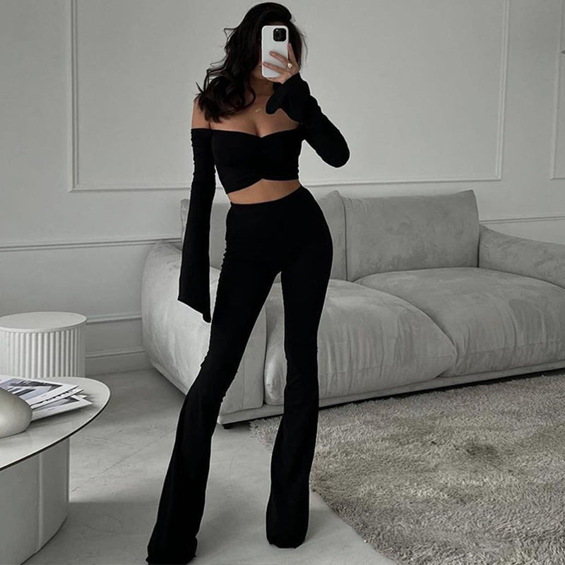 Women Clothing Autumn Off Shoulder Long Sleeve Slim Fit Flared Pants Casual Set Women Black