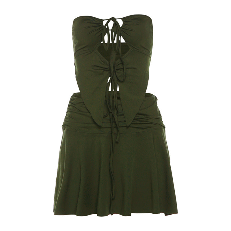 Women Clothing Summer Sexy Hollow Out Cutout Tube Top Lace up Vest Pleated High Waist Sheath Skirt Outfit Army Green