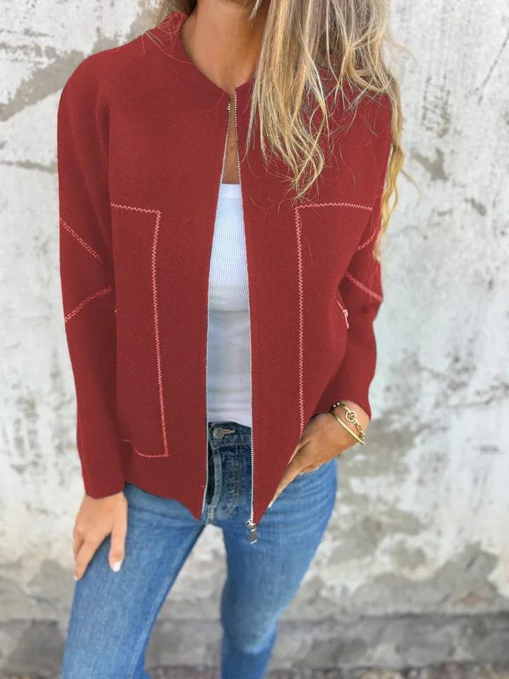 Autumn Winter Casual Zipper Solid Color Jacket Burgundy