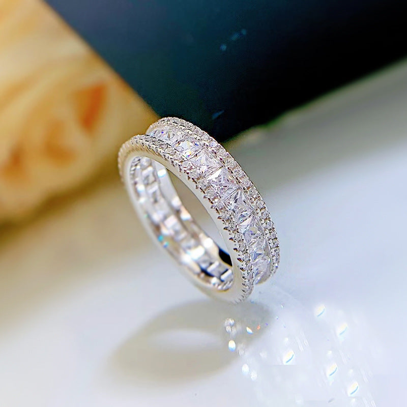 S925 Silver Seamless Inlaid Princess Square Exquisite Full Diamond Micro Setting Ring White