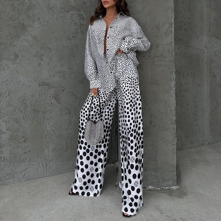 Polka Dot Print Draping Two Piece Women Loose Comfortable Long Sleeve Shirt Wide Leg Pants Sets