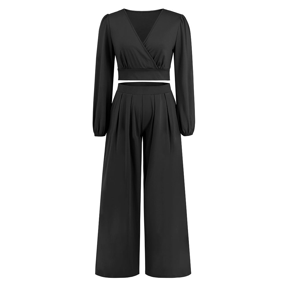 Autumn Winter Women V neck Long Sleeved Short Top Straight Leg Trousers Two Piece Set Black