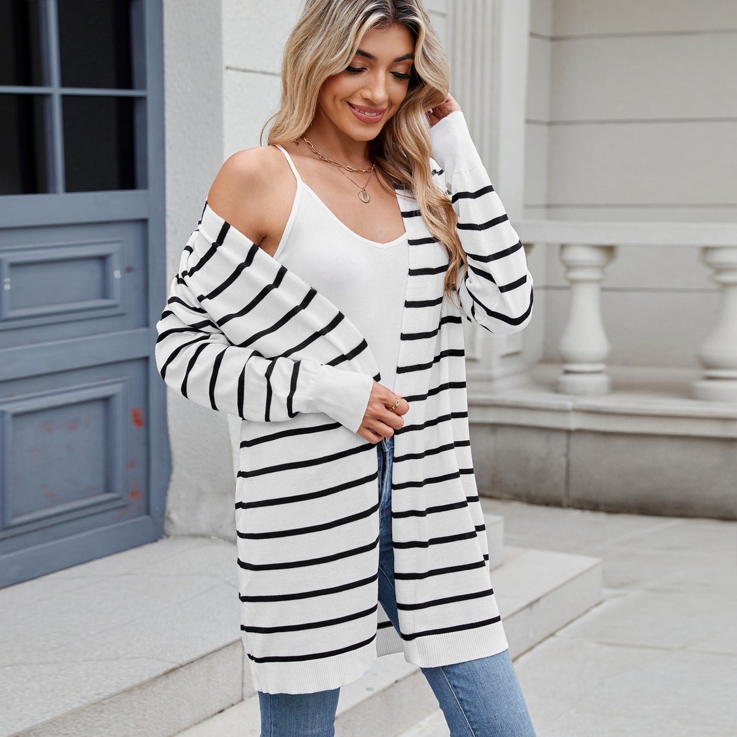 Women Clothing Cardigan Long Knitted Striped Coat Sweater