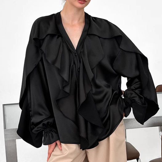 Black V neck Ruffled Puff Sleeve Satin Women Shirt Autumn Winter Top