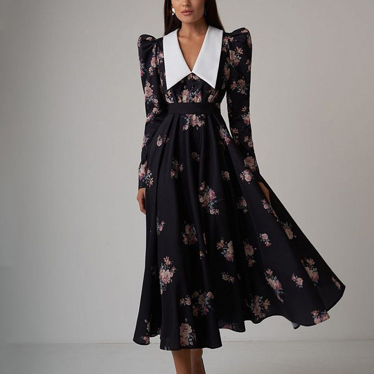 Women Clothing Early Spring Retro Printed Large Swing Dress Waist Controlled Slim Fit Maxi Dress