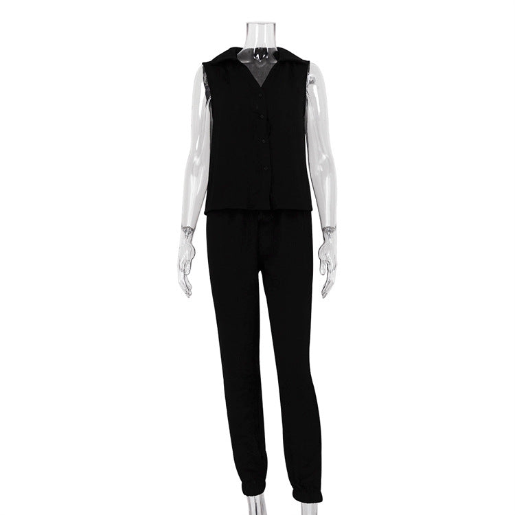 Women Clothing Early Spring Casual Solid Color Sleeveless Shirt High Waist Trousers Suit Women Two Piece Suit Black