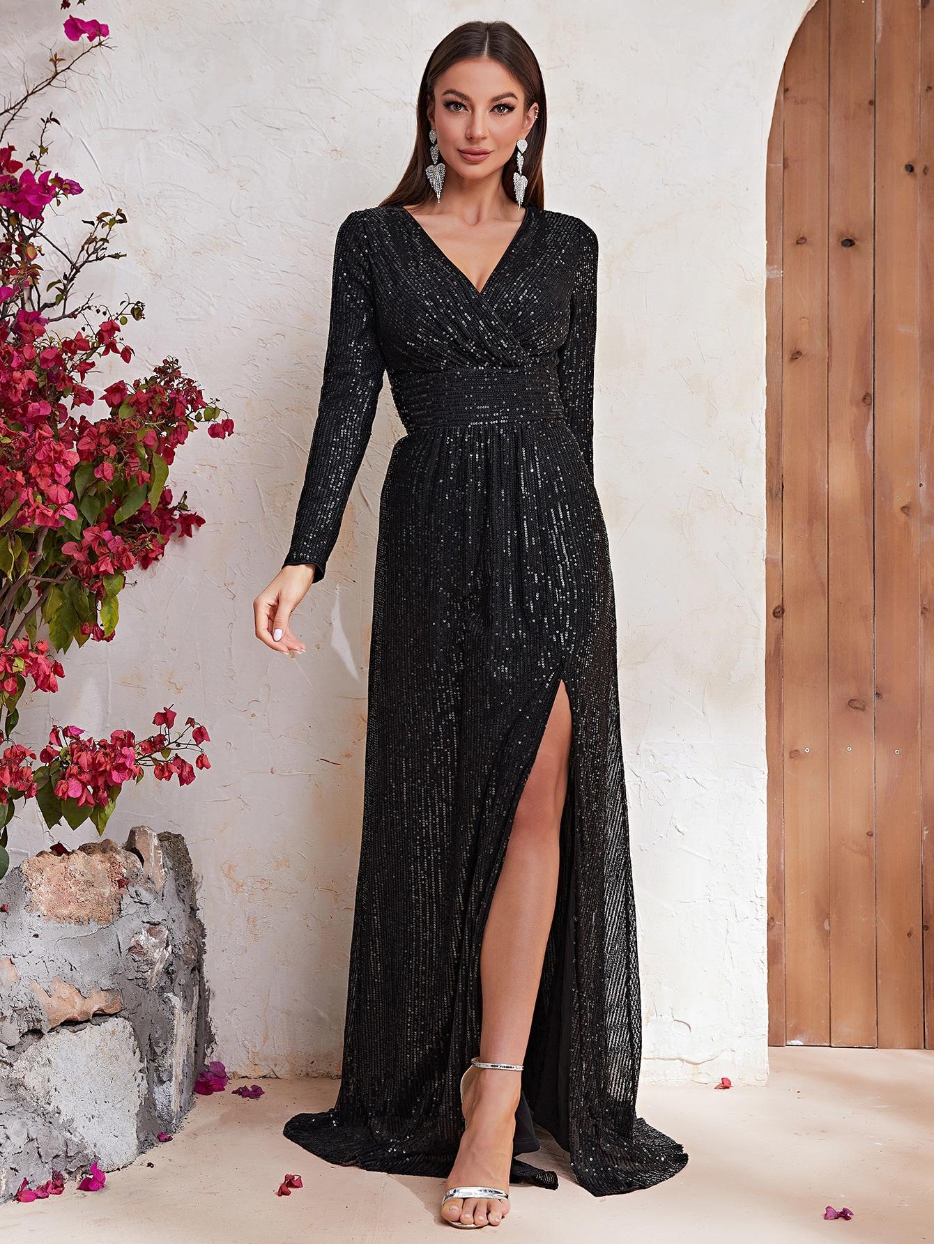 Sequin V Neck Long Sleeve Prom Evening Dress Fishtail Slit Maxi Dress