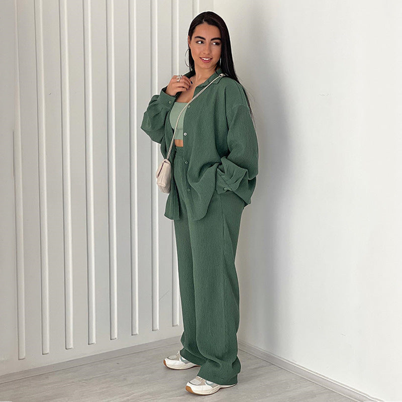 Casual Women Clothing Spring Solid Color Loose Shirt Top Wide Leg Pants Two Piece Set Green