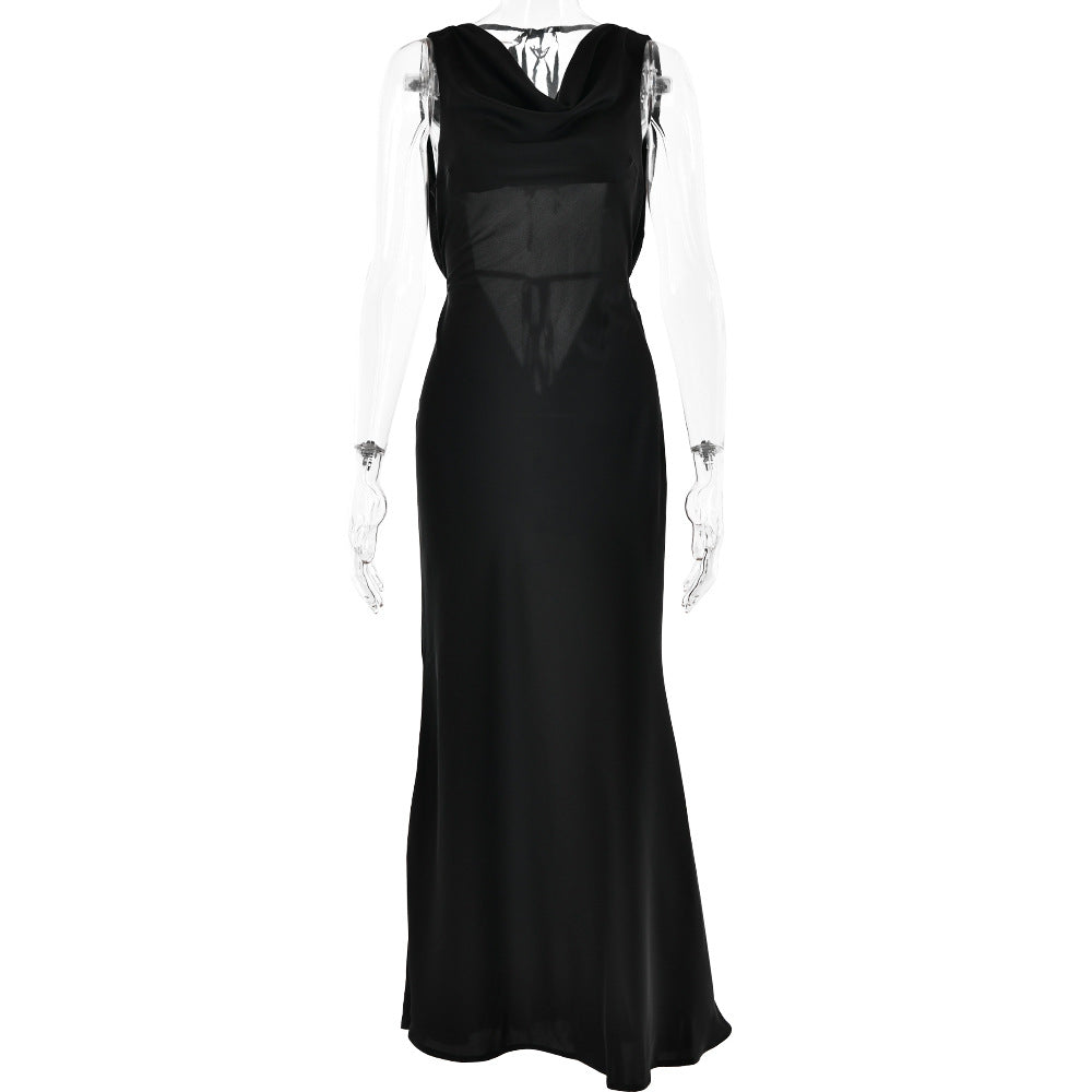 Women Clothing Cocktail Evening Dress Sling Swing Collar Dress Sexy Sexy Backless Lace Up Maxi Dress Black