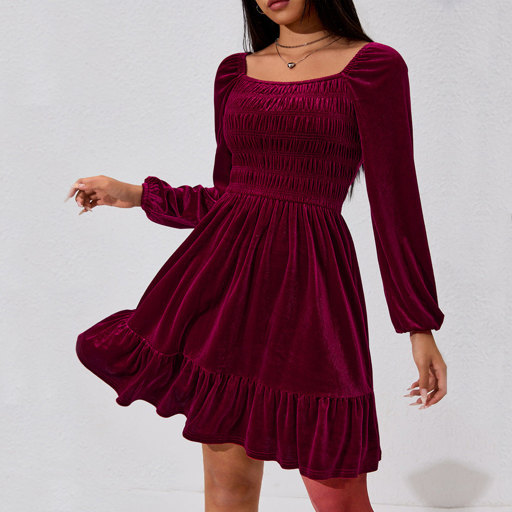 Women Clothing Simple Elegant Dress Autumn Winter High Waist Slim Slimming Wine Red Short Burgundy