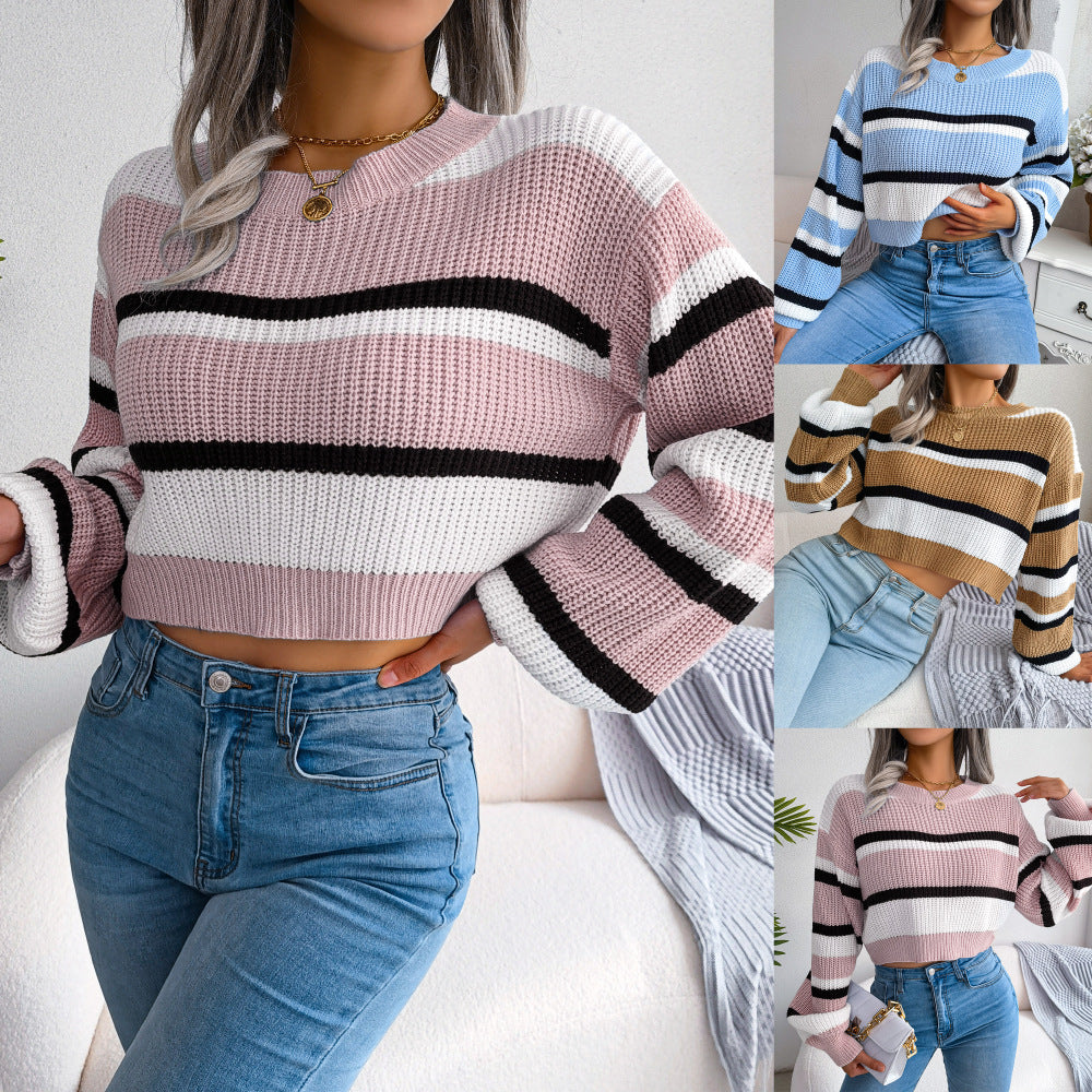 Autumn Winter Casual Striped Long Sleeves Cropped Knitted Sweater Women Clothing