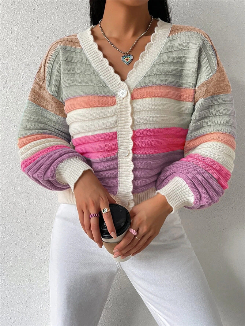 Knitted Cardigan Autumn Winter Color Matching Sweater Coat Women Rainbow Striped Lantern Sleeve Rainbow Bar