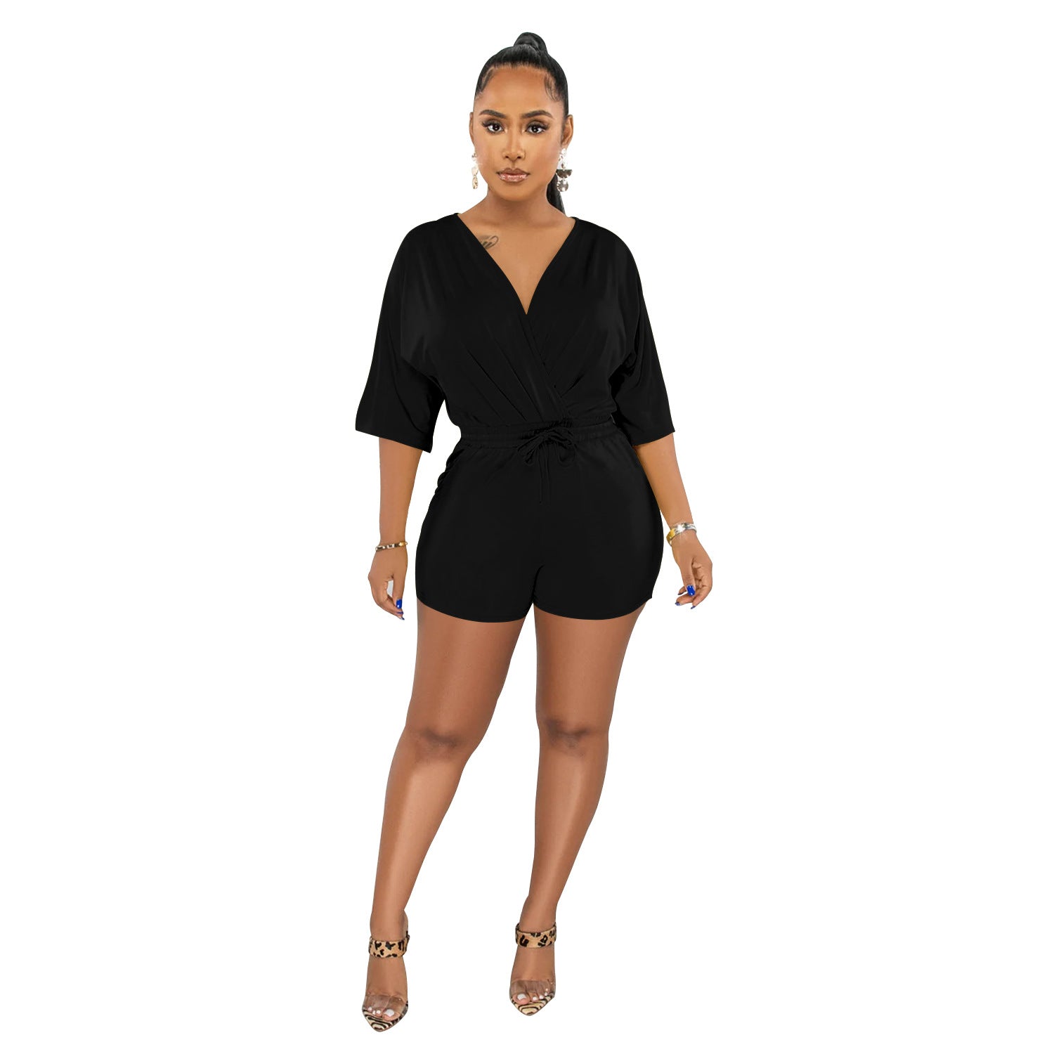 Women Wear Solid Color Tied V Neck Half Sleeves Shorts Jumpsuit Women Black