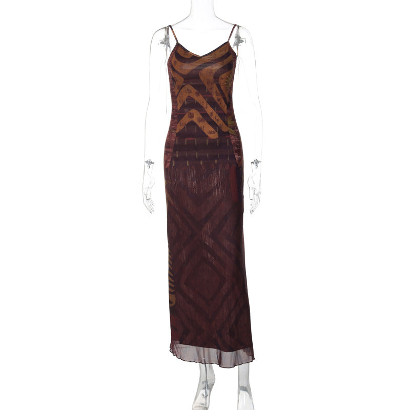 Women Clothing Summer Printed Sexy V Neck Backless Slim Fit Sling Dress Women Brown