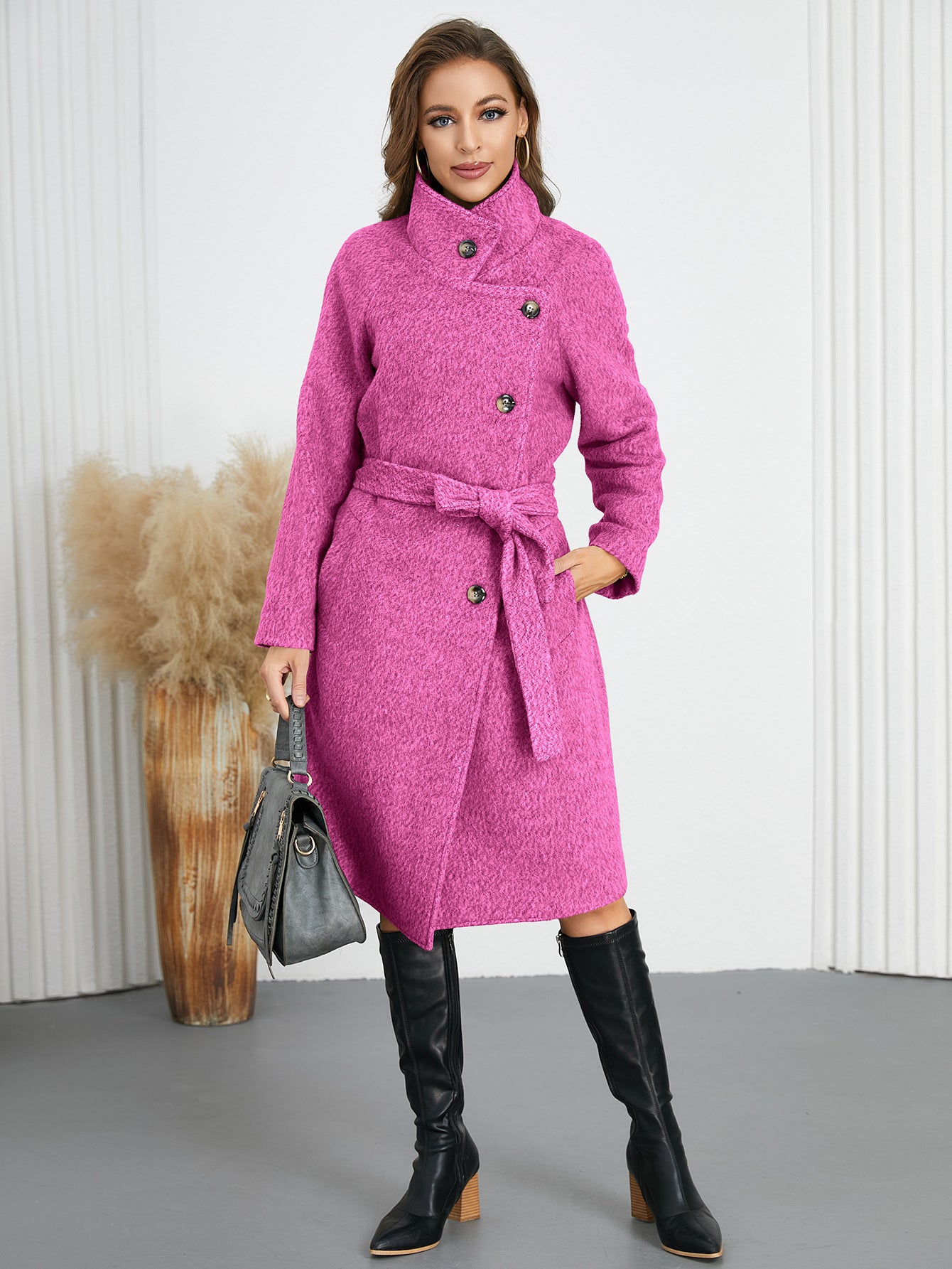 Winter Women Clothing Slim Woolen Coat Series Belt Overcoat Coat Popular Pink