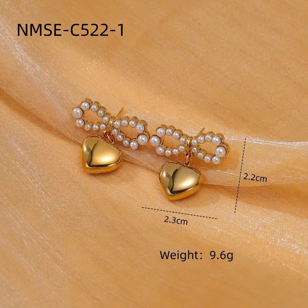 Arrival Pearl Bow Titanium Steel Earrings Arrival Simple High-Grade Love Heart Stud Earrings Earrings One Size NMSE-C522-1