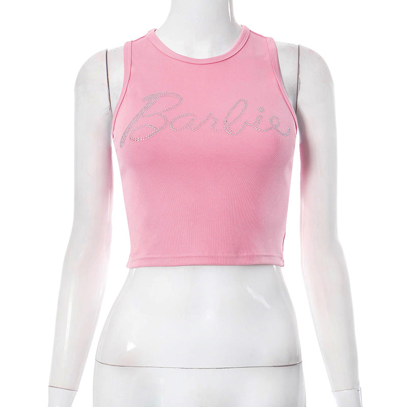 Women Clothing Sleeveless Rhinestone Short Sexy All Matching Sleeveless Top Pink