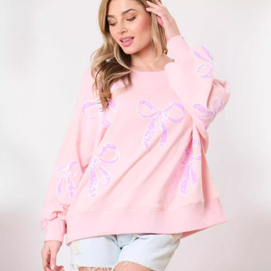 Fresh Sweet Loose Pullover Bow Ribbon Sequined round Neck Sweater for Women