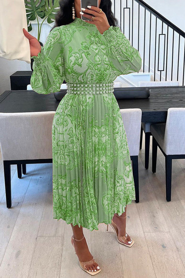 Women Pearl Belt Printed Pleated Lantern Sleeve Chiffon Half Turtleneck Dress Green