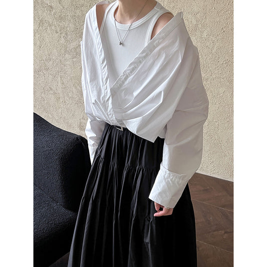 Early Autumn French High Profile Office off the Shoulder Shirt Inner Knitted Vest Faux Two Piece Top for Women