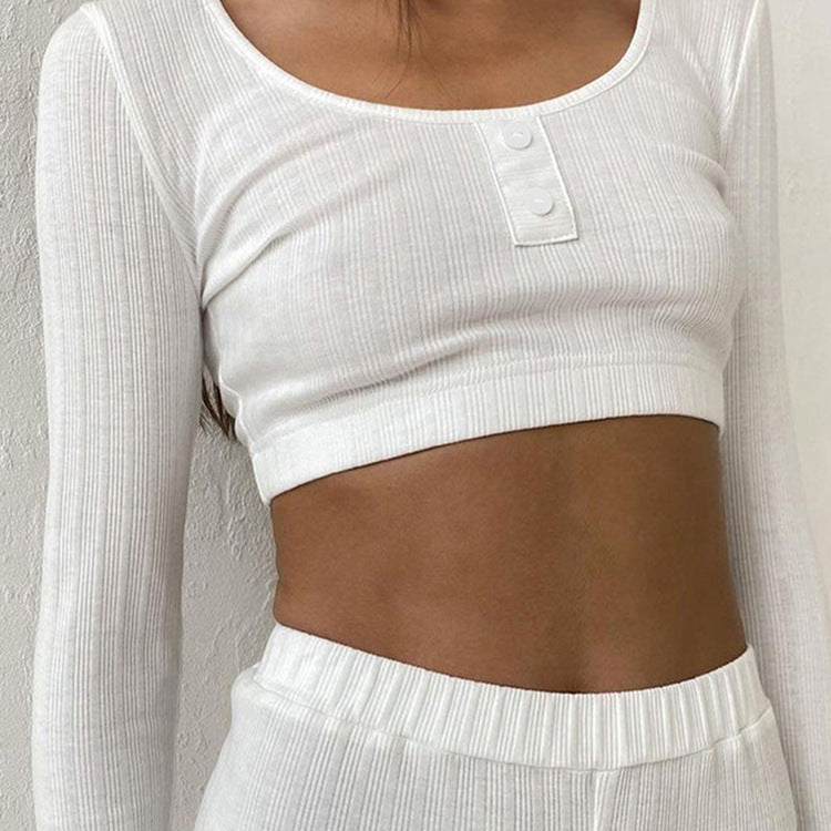 Women Clothing Autumn Casual White Knitted Fabric Suit Long Sleeves Cropped Top Shorts Two Piece Set