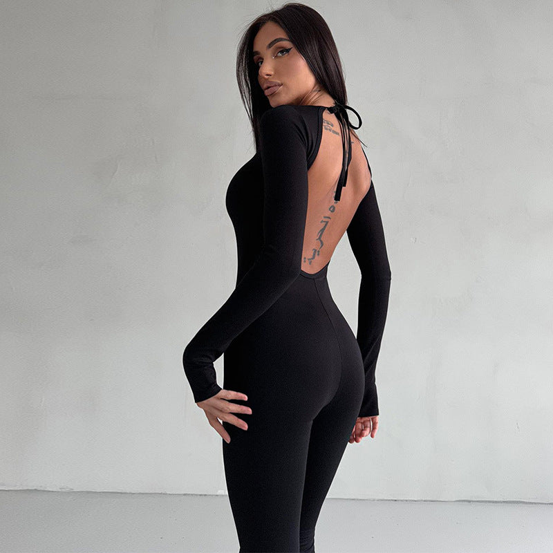 Women Clothing Winter Sexy Backless Lace Up Solid Color Slim Fit Long Sleeves Jumpsuit