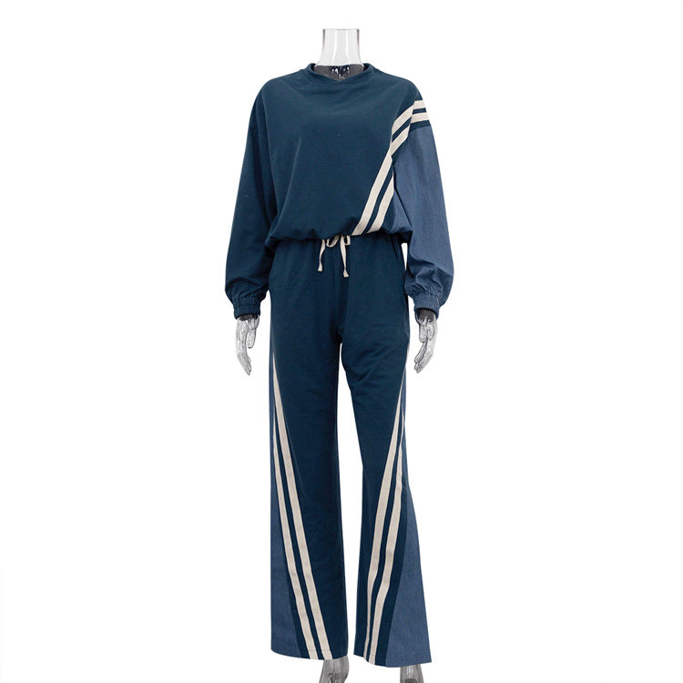 Autumn Winter Sports Contrast Color Striped Sweater Sets Pullover Top Drawstring Trousers Two Piece Set Blue