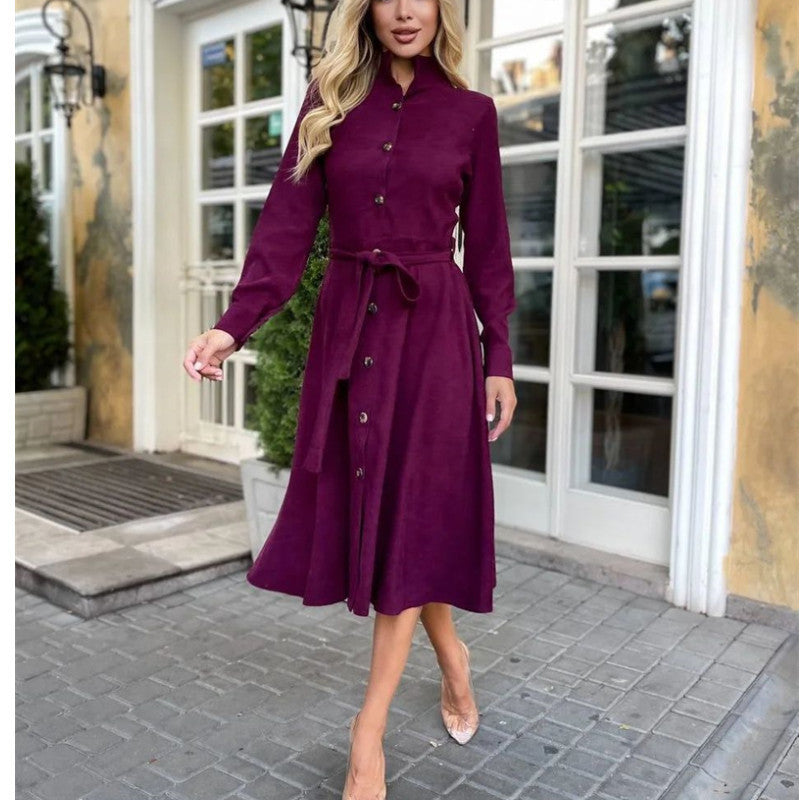 Autumn Winter Women Clothing Solid Color Tied Button Shirt Dress