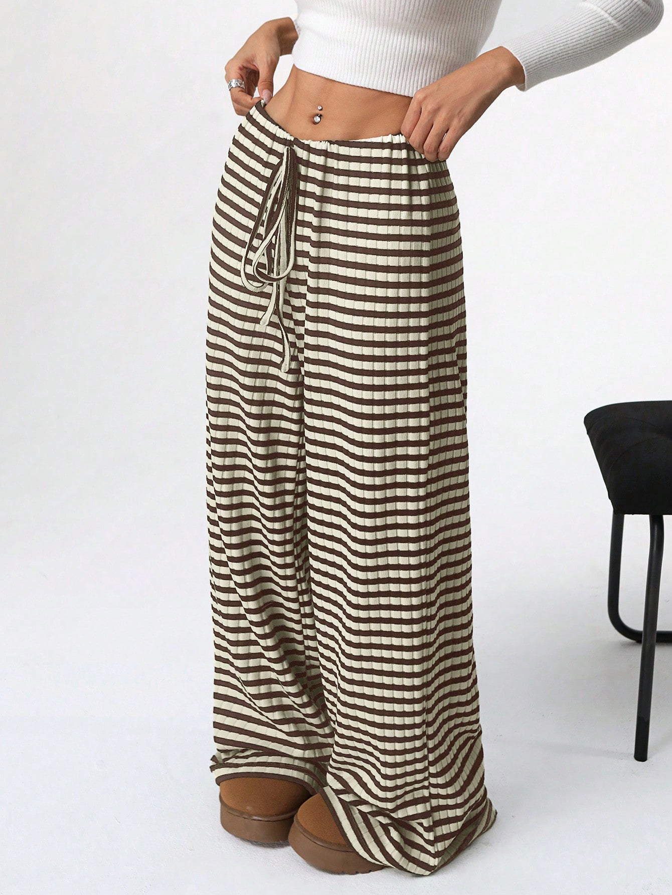 Autumn Winter Women Casual Striped Solid Color Rubber Band Drawstring Straight Leg Pants Brown and white stripes