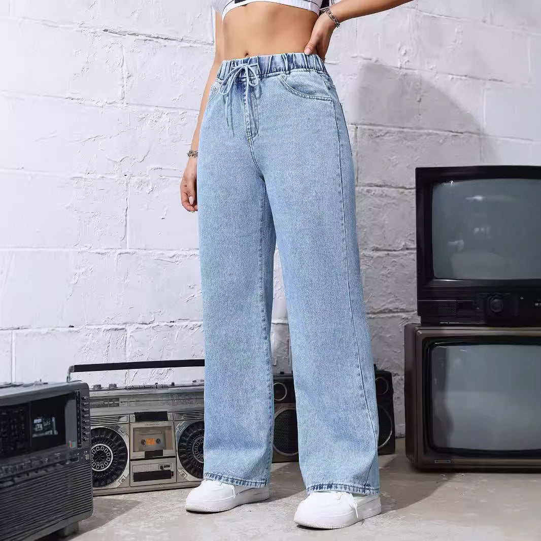 Jeans for Women Summer Elastic High Waist Loose Slimming Straight Leg Pants Women Blue Trousers