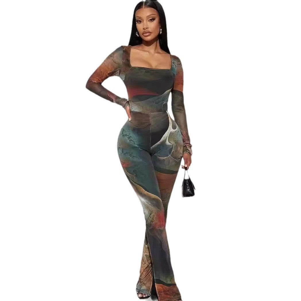 Women Clothing Four Seasons Wearable Double Layer Mesh Long Jumpsuit Multi