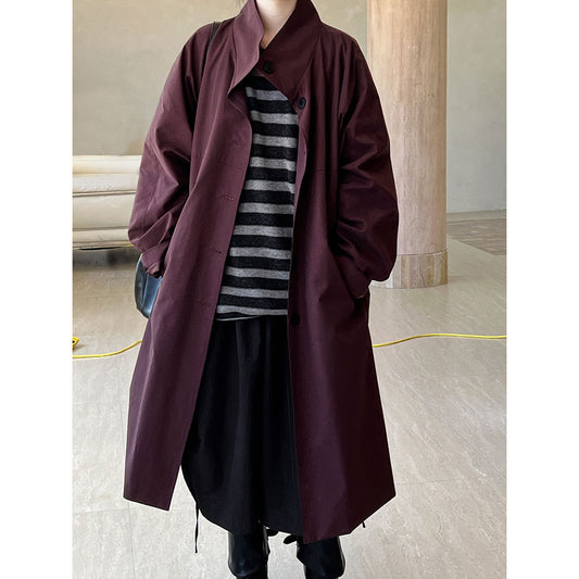 Autumn Winter Graceful Stand Collar Crisp Loose Long Trench Coat