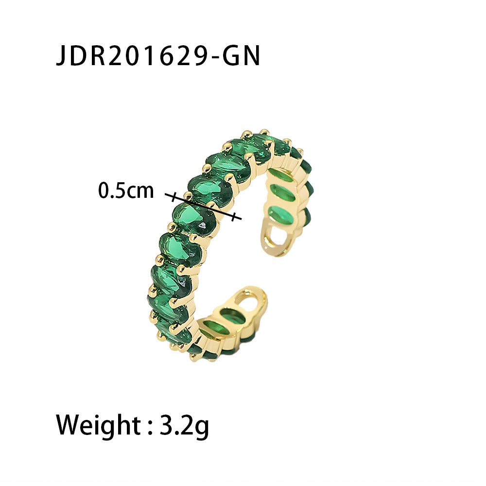 Wind Net Red Jewelry 18K Gold Stainless Steel Inlaid Green Zircon Ring Women Ring One Size JDR201629-GN