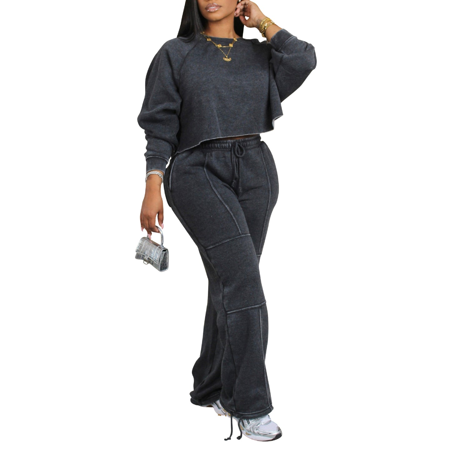 Women Clothing Washed Sweater Sports Autumn Winter Sweatpants Casual Elastic Band Dark Grey