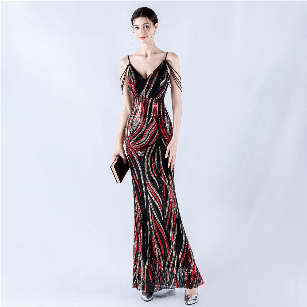 Sequin Stripes Contrast Color Fit Dinner Host Annual Meeting Sling Maxi Dress Women Black and Red