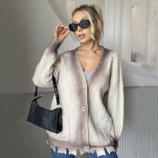 Women Clothing Knitted V neck Frayed Button Cardigan Gradient Color Women Top Sweater Coat camel