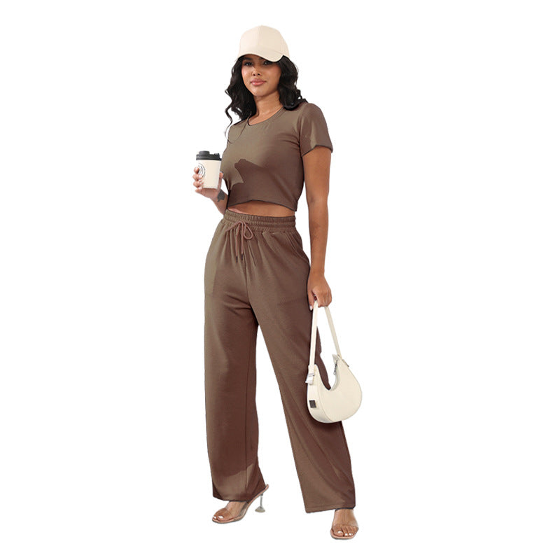 Summer Round Neck Short Sleeved Women Clothing Two Piece Suit Casual Wide Leg Pants Suit Cotton Camel