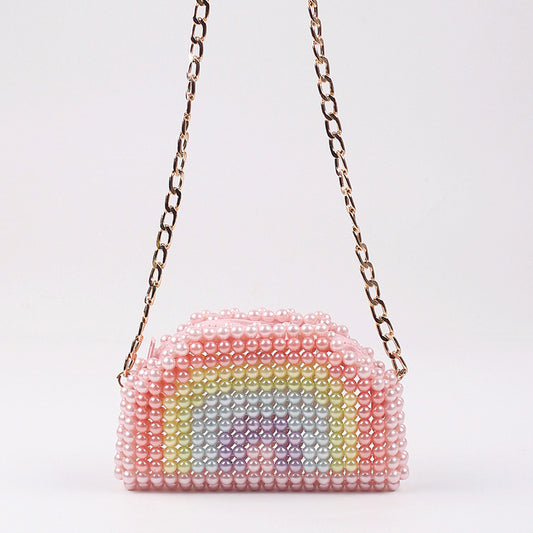 Mini Pearl Rainbow Earphone Chain Bag DIY Beaded Handmade Bag Stylish Textured Pearl Crossbody Pouch