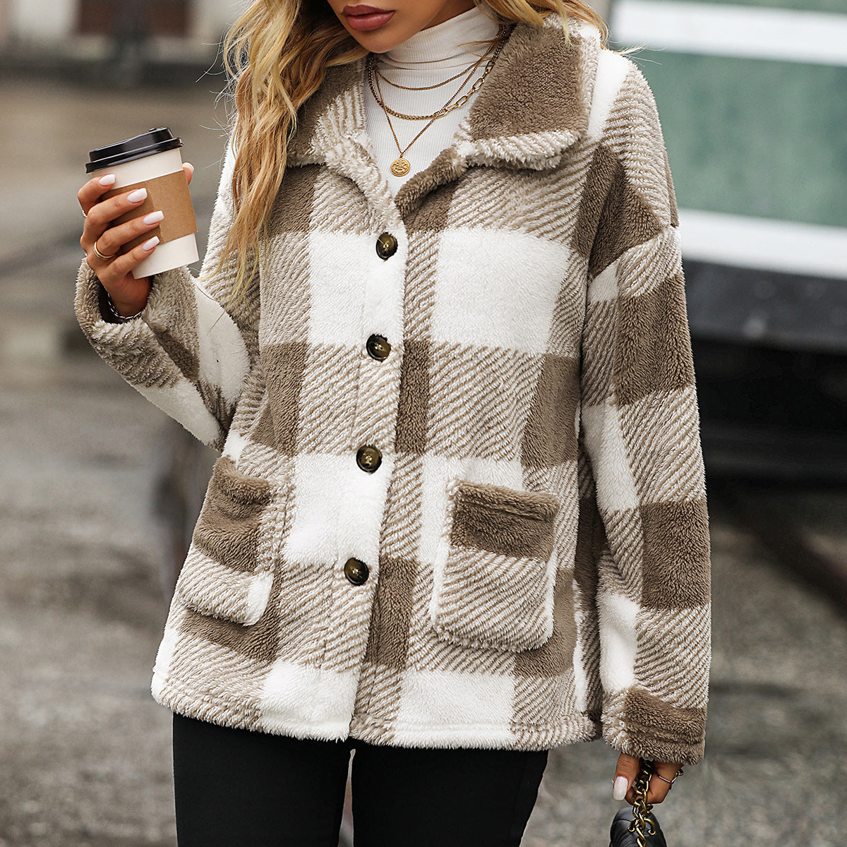 Autumn Winter Women Collared Long Sleeve Mid Length Plaid Single Breasted Plush Casual Jacket Khaki grid